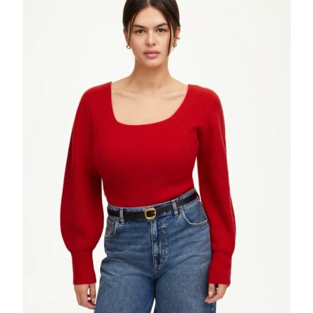 Madewell Soft Wool-Blend Square-Neck Pullover Sweater WMNS S Red Blouson Sleeve
